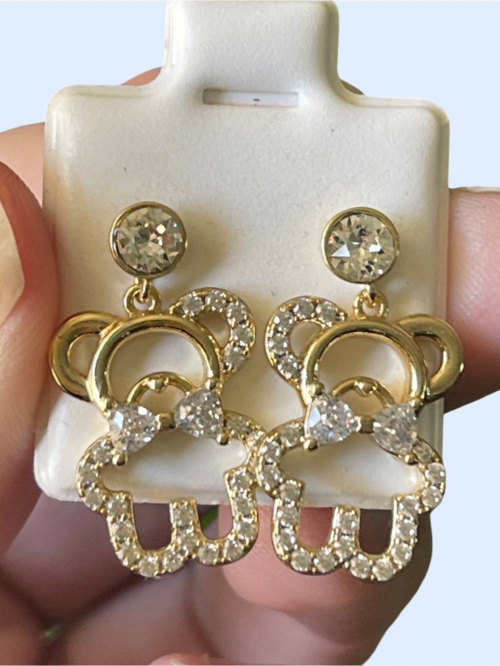 Gold Tone Teddy Bear Dangle Earrings